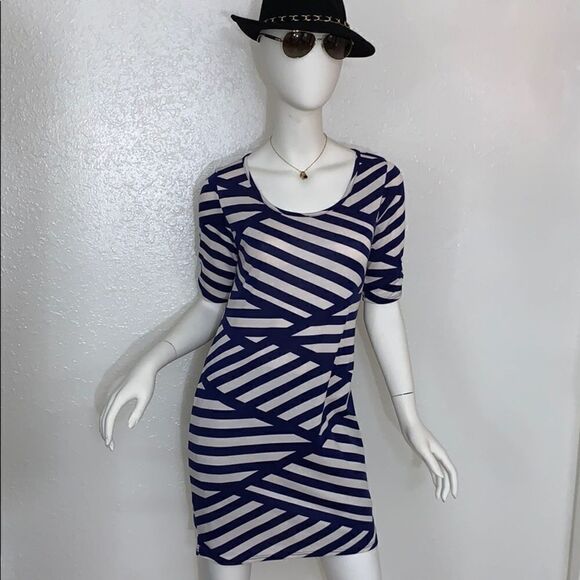 Blue & Cream Stripe Knit Sheath Dress Medium  - Picture 1 of 7